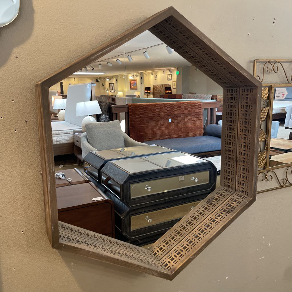 Hexagon Wood Frame Wall Mirror