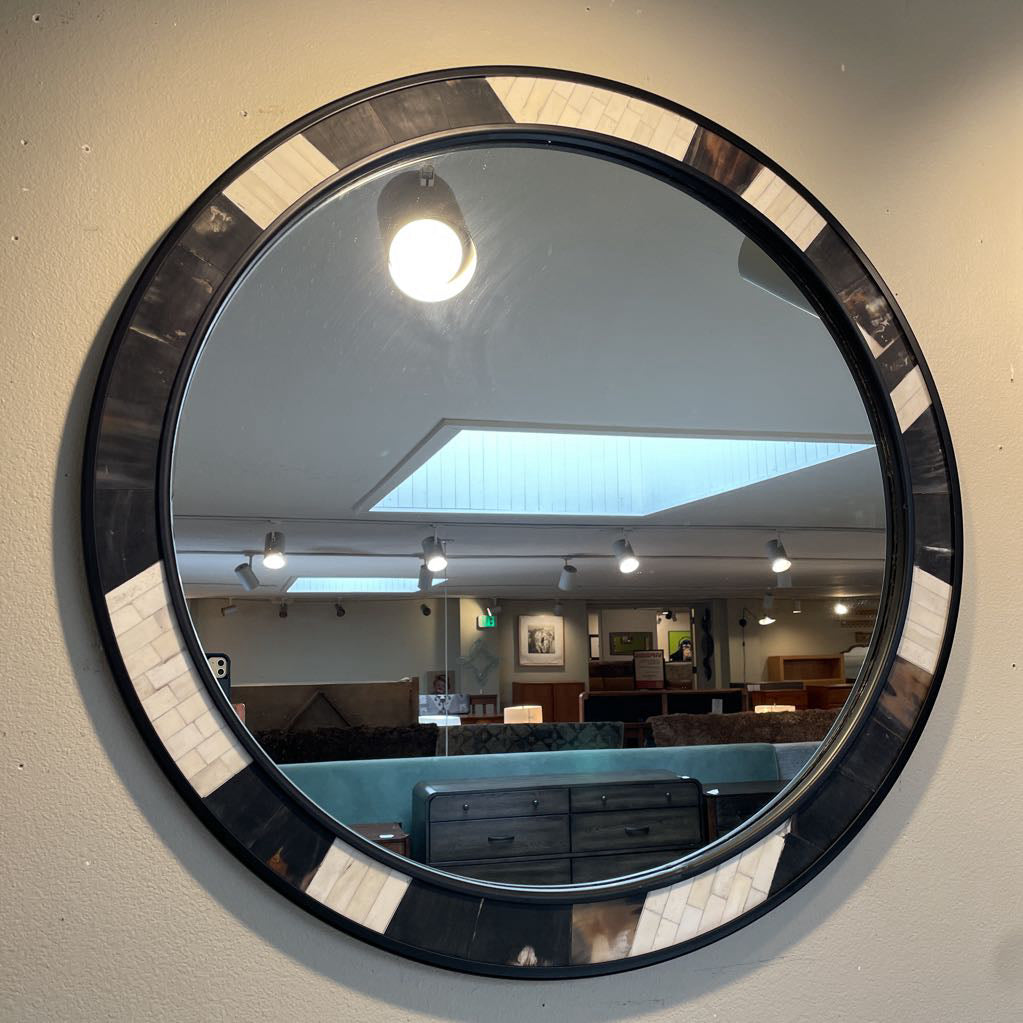 White, Black & Brown w. Black Border Round Tile Wall Mirror