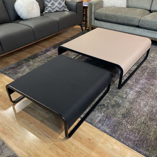 Taupe & Black Vegan Leather Nesting Coffee Table Set w/ Curved Black Metal Frame