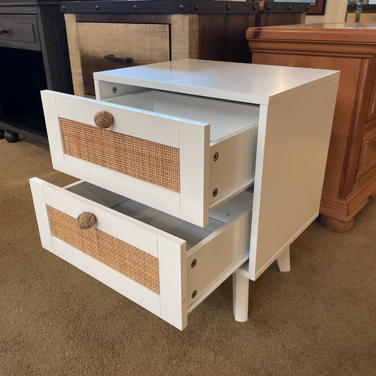 Cane Front White 2 Drawer Nightstand