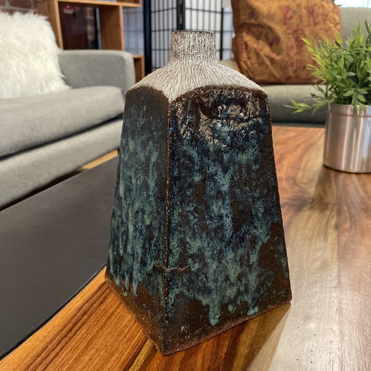 Handmade Vintage Pottery Vase with Glazed Sides & Striated Top
