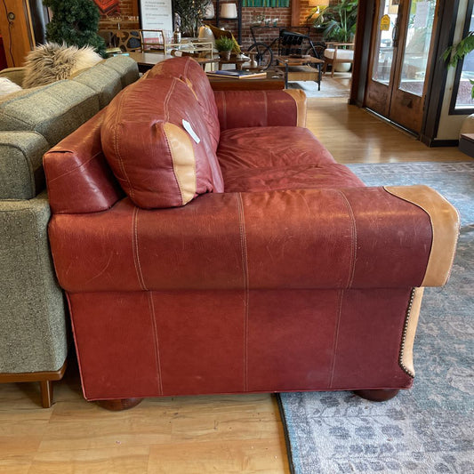 Two-Tone Red Leather Nailhead Sofa