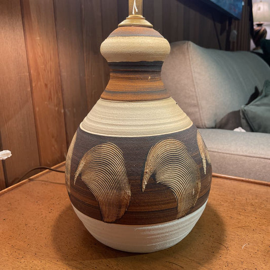 Cream & Brown Pottery Brushstroke Motif Table Lamp