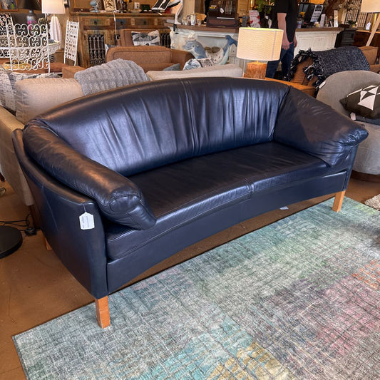 Curved Blue Leather Small Sofa