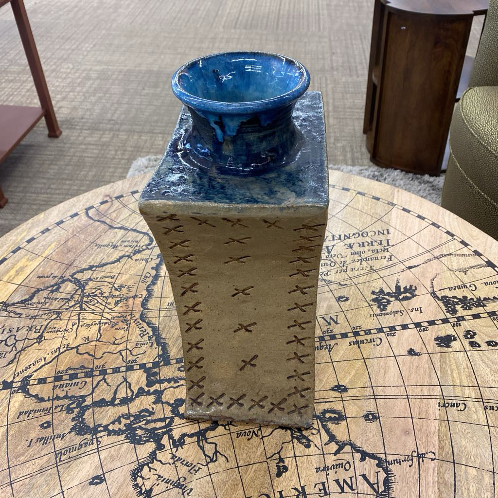 Curved Stoneware Vase w/X Stich Motif