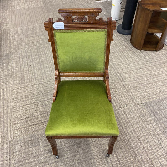 Antique EASTLAKE Avocado Green Fabric Chair w/Casters