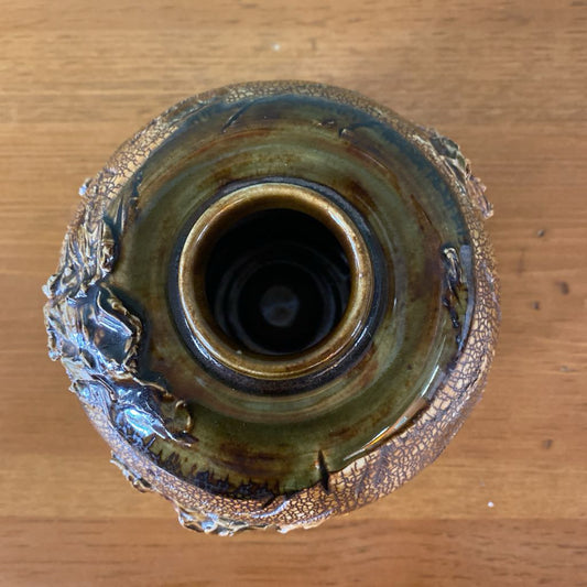 Signed Brown & Green Relief Glaze Pot Vase