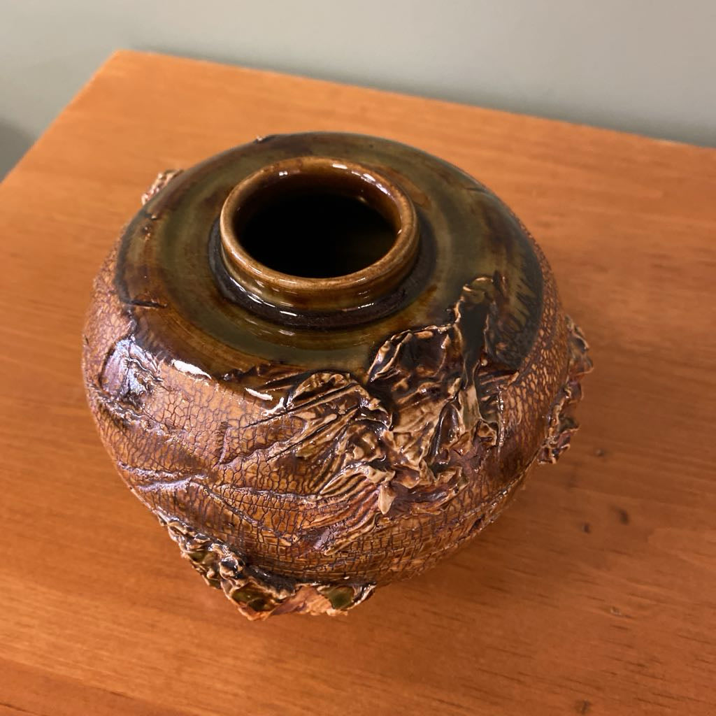 Signed Brown & Green Relief Glaze Pot Vase