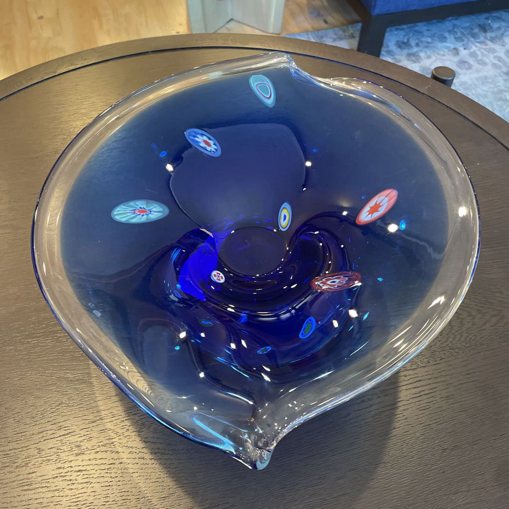 Blue Glass Pedestal Bowl with "Millefiori" Inclusions