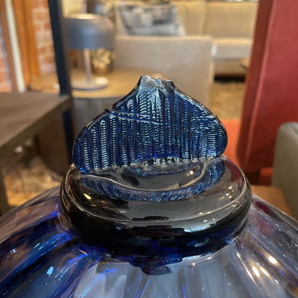 Round Deep Blue Bowl & Lid with Flat Grooved Finial UNIQUE FINDS