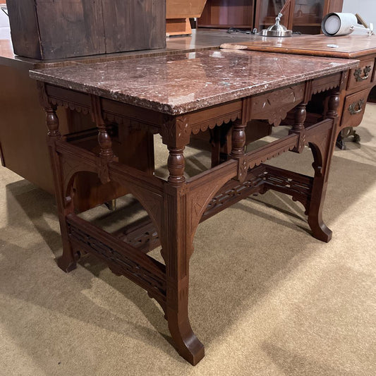 Carved Wooden Base Entry Table w/ Stone Top C SIDE TABLES