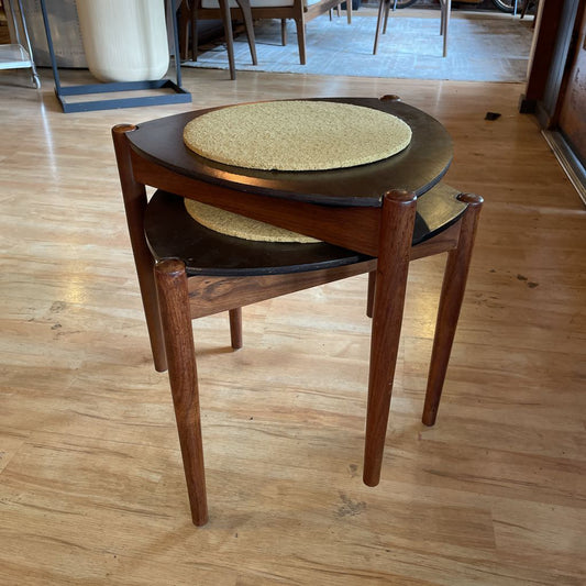 Triangular Nesting Table/Stool with Round Textured Cloth Tops SET/2 UNIQUE FINDS