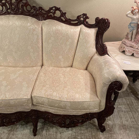 Intricately Carved Wood Victorian Style 3 Seat Sofa w Cream Floral Upholstery U SOFAS