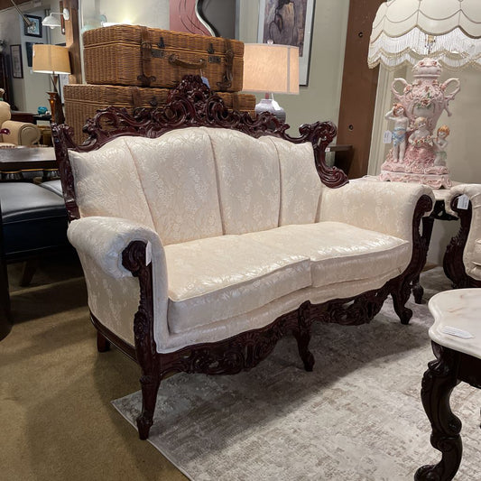 Intricately Carved Wood Victorian Style 2 Seat Settee w Cream Floral Upholstery U SOFAS