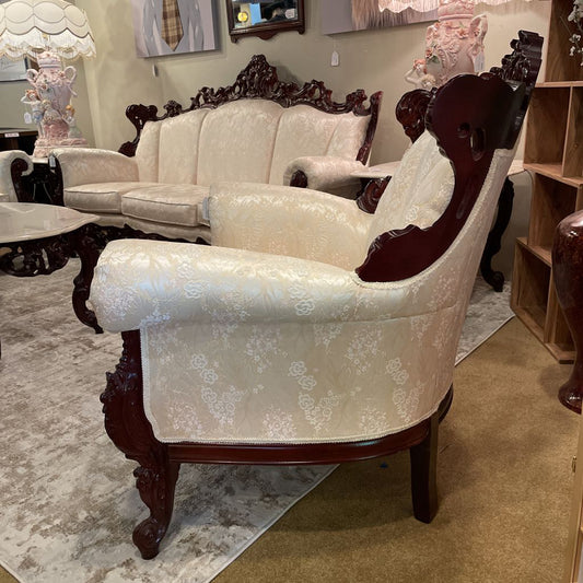 Intricately Carved Wood Victorian Style Chair w Cream Floral Upholstery U ACCENT CHAIRS