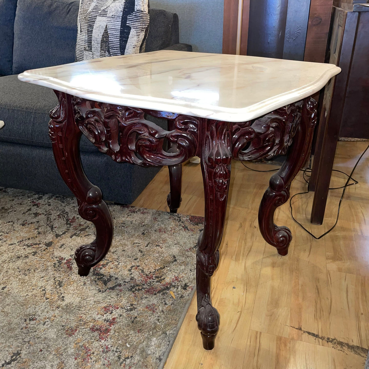 Ornate Carved Wood Stone Top Side Table C SIDE TABLES