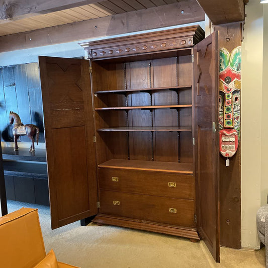 Edwardian Armoire w Carved Floral Motif Doors & Interior Drawers C CABINETS