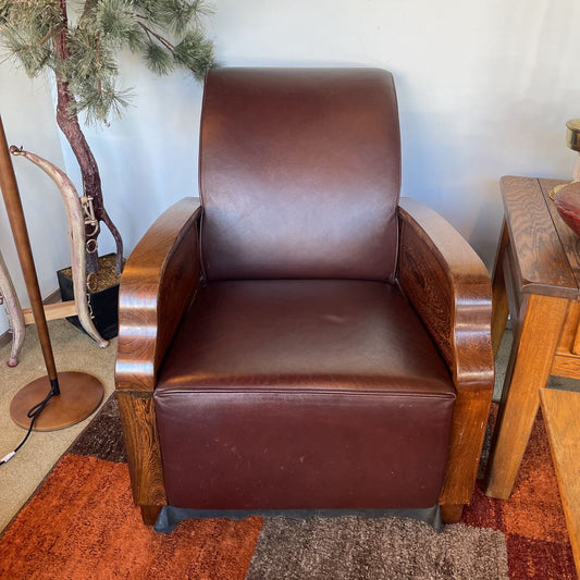 Vintage Leather Rolled Back Wood Side Deco Accent Chair (Reupholstered) U ACCENT CHAIRS