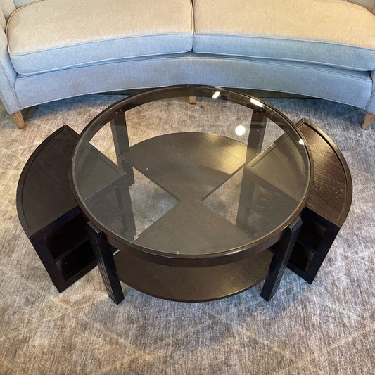 Round Dark Wood Glass Top Coffee Table w/ Removable Side Compartments