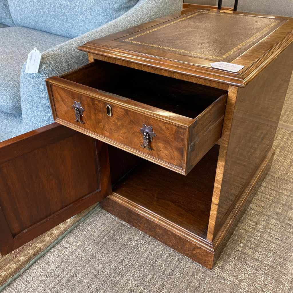 French Burl Leather Top Side Cabinet (AS IS)