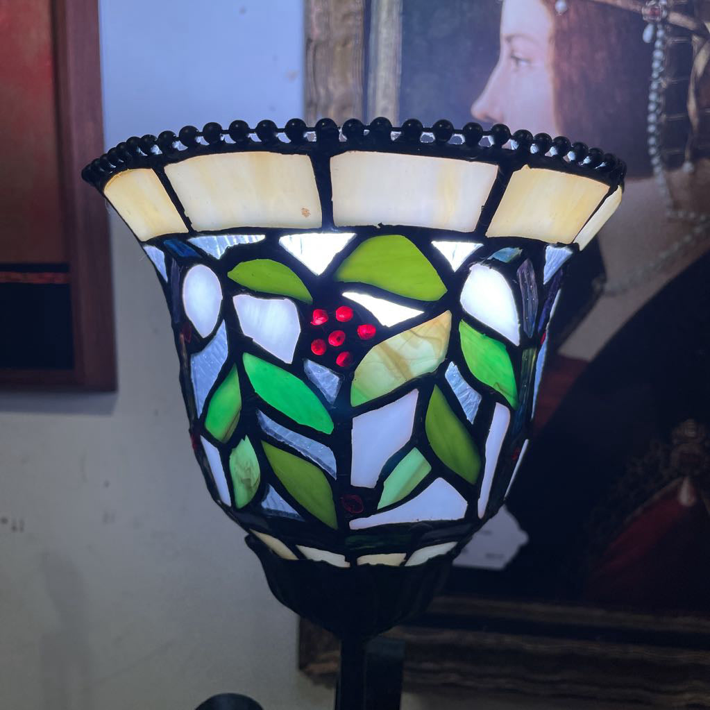 Stained Glass Lamp with Curly Wrought Iron Base