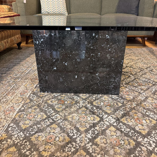 Dark Marble Base Coffee Table w/ Rounded Square Glass Top