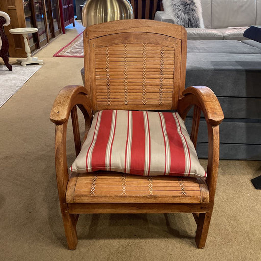 Wood Rattan Chair with Curved Arm Rest & Striped Pillow Seat Pad