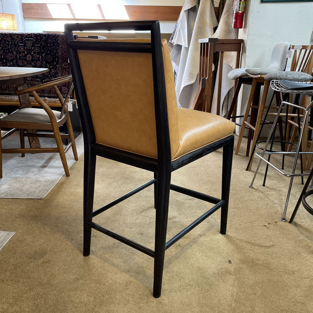 Large Tan Leather Black Wood Frame Stool