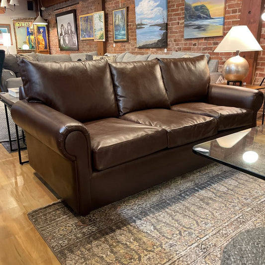 Pottery Barn Chocolate Vegan Leather Rolled Arm Sofa