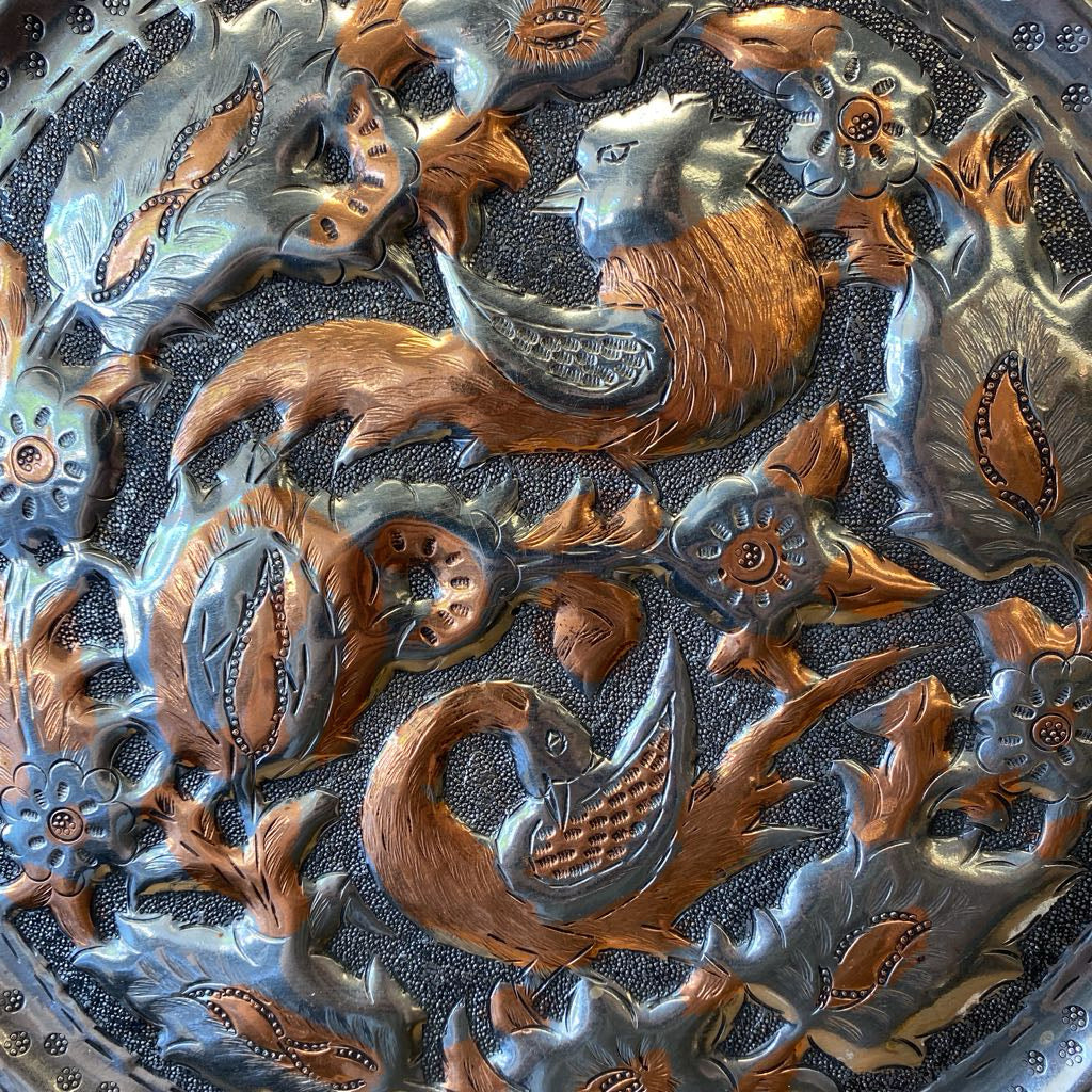 Moroccan Brass & Copper Intricate Bird & Floral Motif Platter