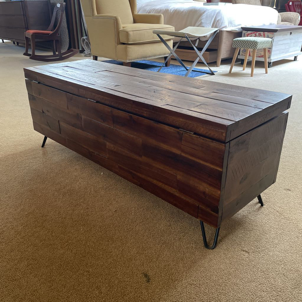 Rectangular Dark Wood Plank Chest with Lift Top