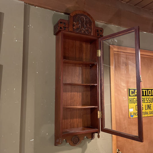 Vintage carved Wood Wall Mounted Shelf with Glass Door