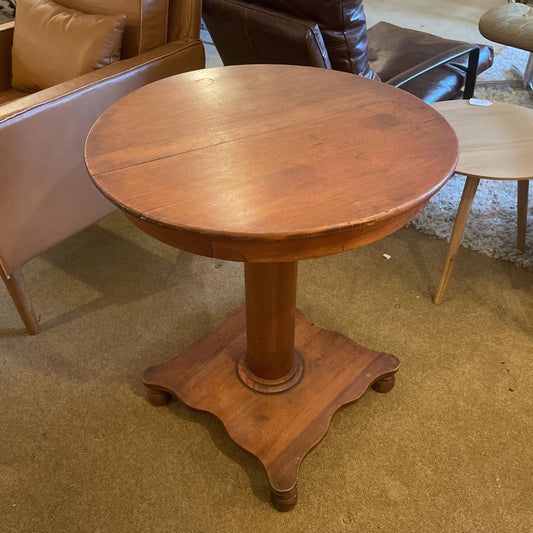Round Warm Tone Wood Side Table w Wavy Base (AS IS)
