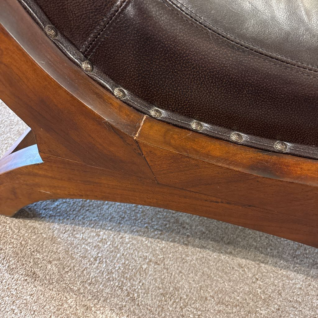 Vintage Solid Wood Brown Leather Accent Chair