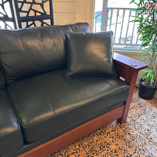 Deep Green Leather Stickley Sofa W/ Matching Throw Pillows