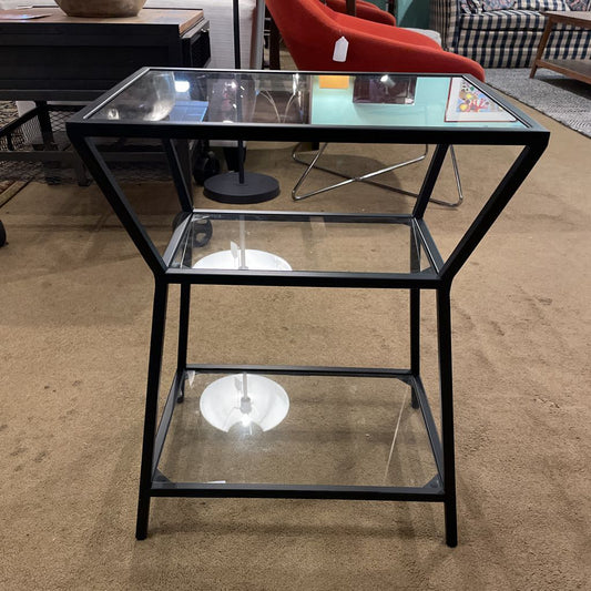 Glass & Black Metal Angular Tiered End Table