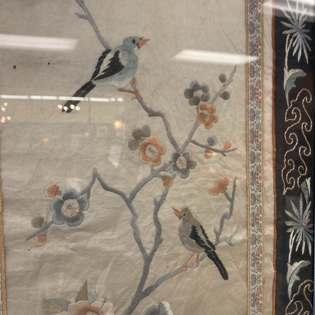 Chinese Embroidered Silk Birds & Flowers Tapestry ART