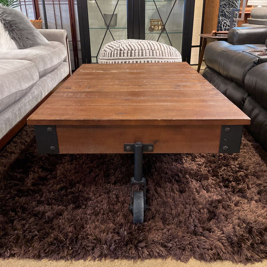 Wood Plank Coffee Table w/ Black Metal Corner Brackets & Wheels C COFFEE TABLES