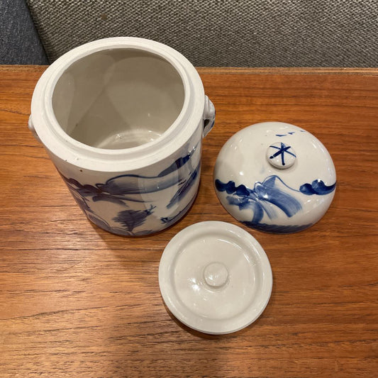 Blue & White Pottery Asian Lake Scene Tea Jar(has 2 lids)