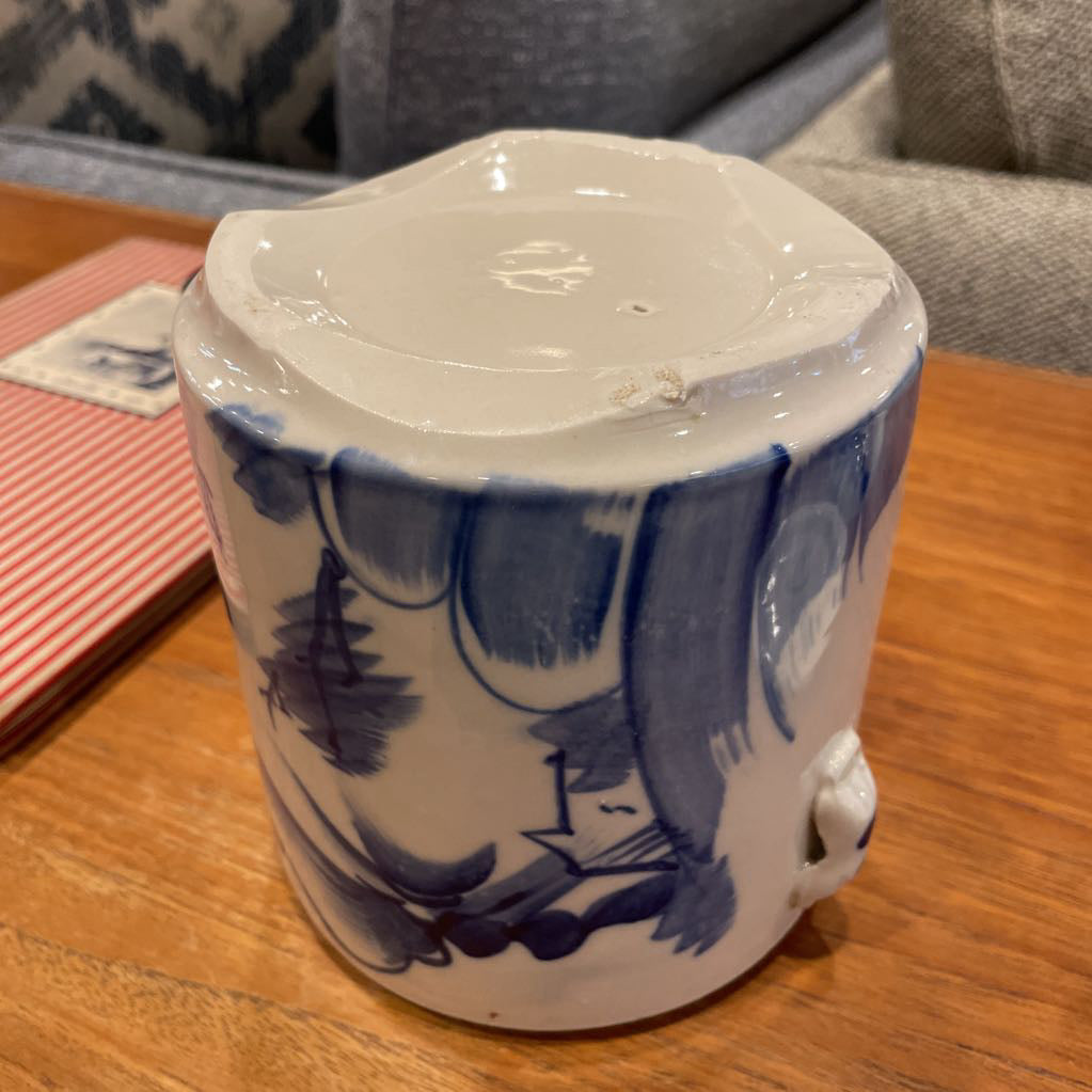 Blue & White Pottery Asian Lake Scene Tea Jar(has 2 lids)