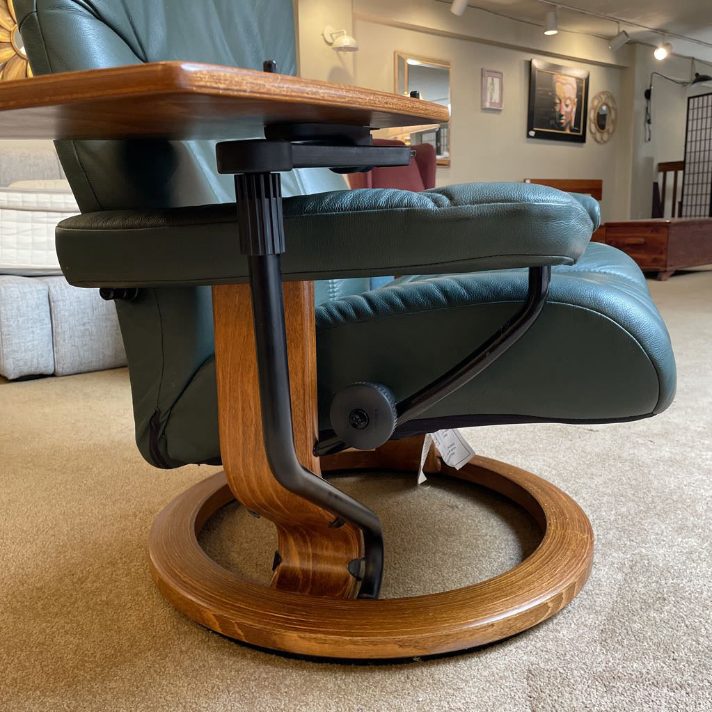 Ekornes Green Leather Recliner with Ottoman