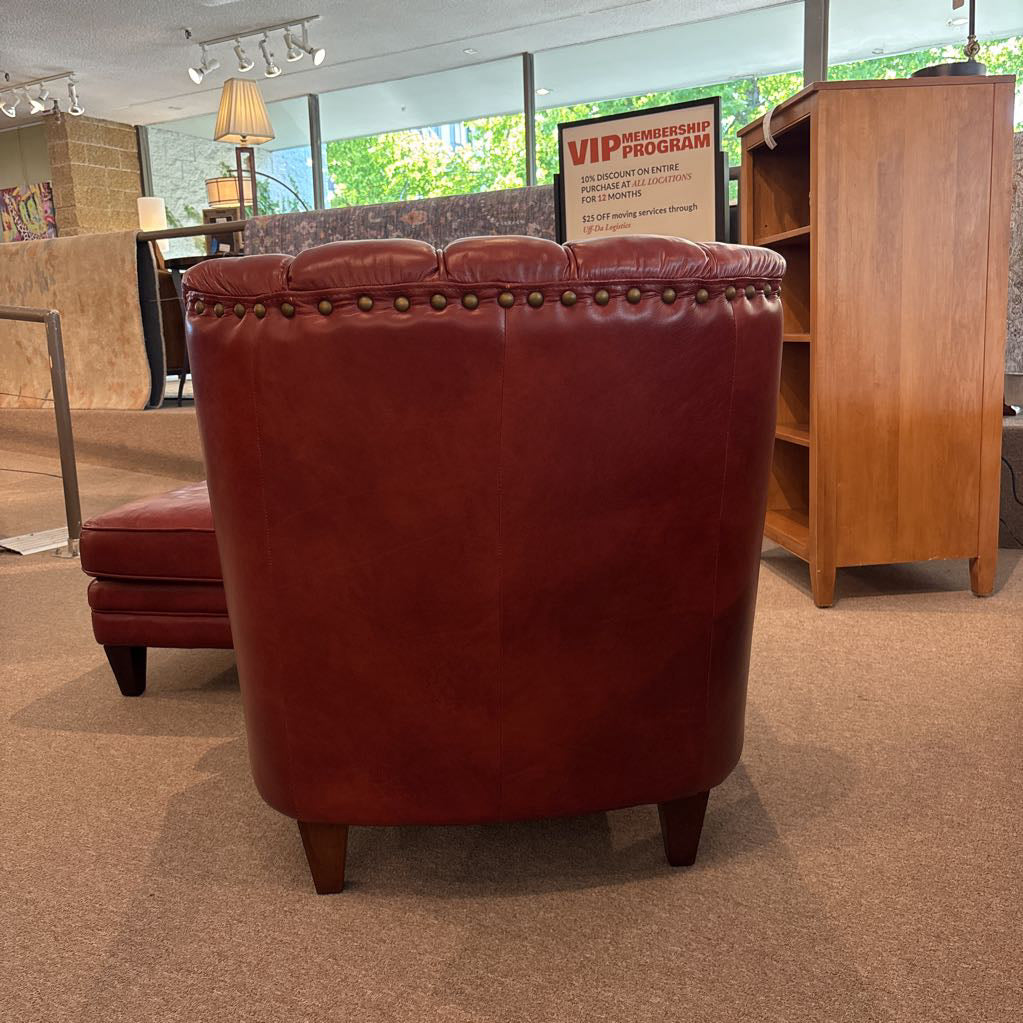 Bassett Red Leather Club Chair w/ Ottoman