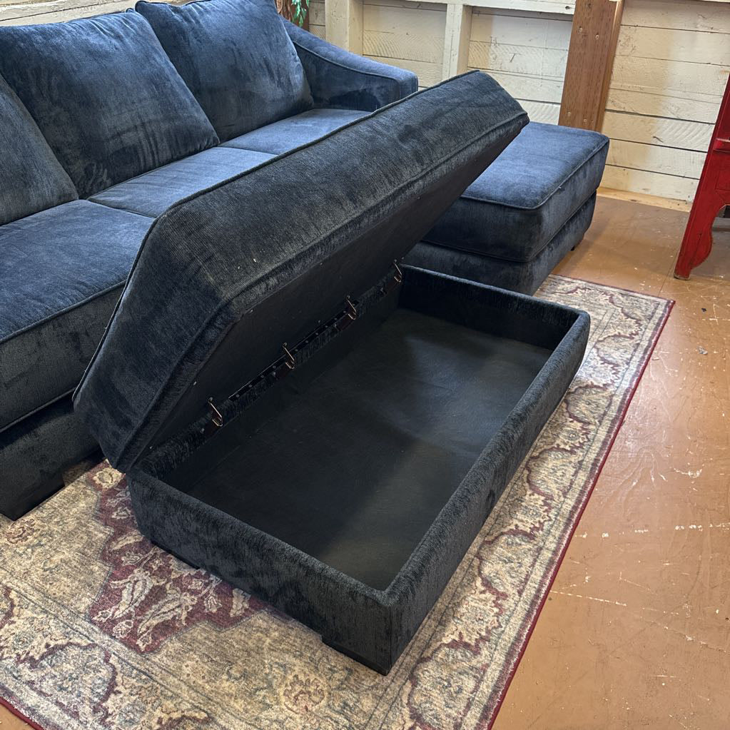 Navy Blue Corduroy Sofa W/ Floating Storage Chaise And Storage Ottoman