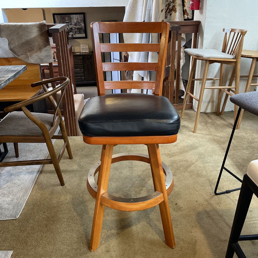 Wood Slatted Back w Leather Seat Swivel Stool C STOOLS
