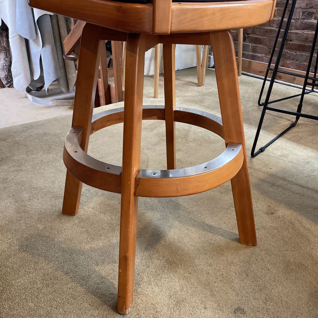 Wood Slatted Back w Leather Seat Swivel Stool