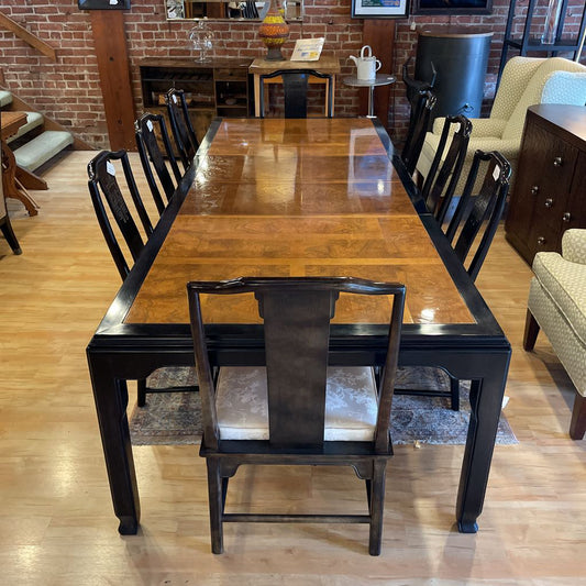 Chin Hua Burl Wood and Black Lacquer Dining Table w/ 8 Chairs SET C DINING TABLES