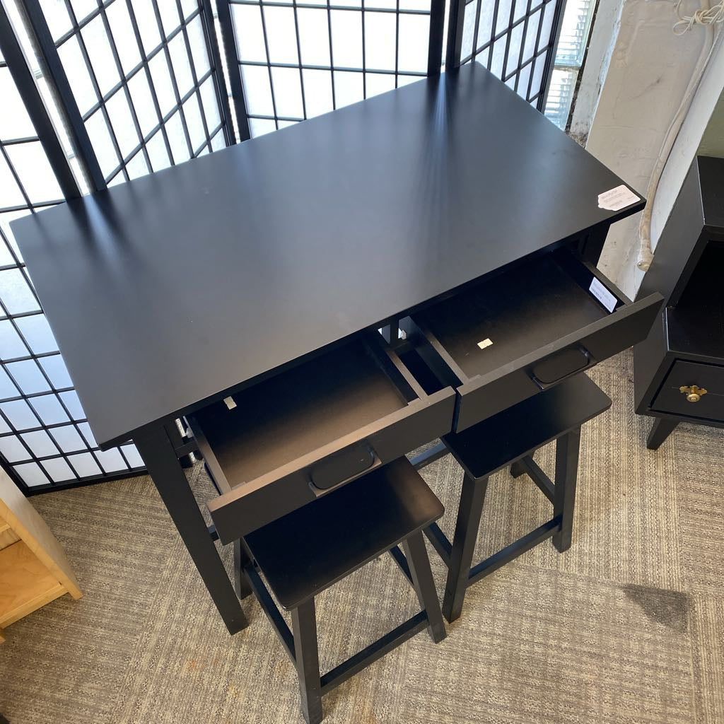 Black Laminate Bar Table w/Drawers & Two Stools