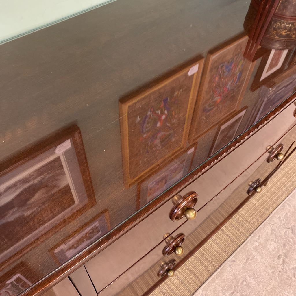 Deep Dark Wood BAKER Triple Dresser w/Glass Top (AS IS)