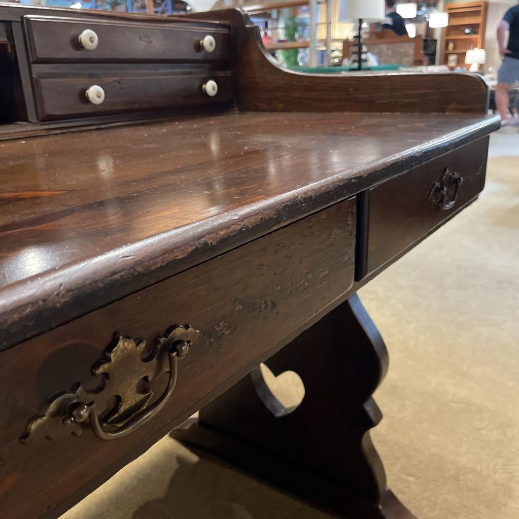 Dark Oak Trestle Desk w/ Stationary Cubbies & Carved Heart Legs C DESKS
