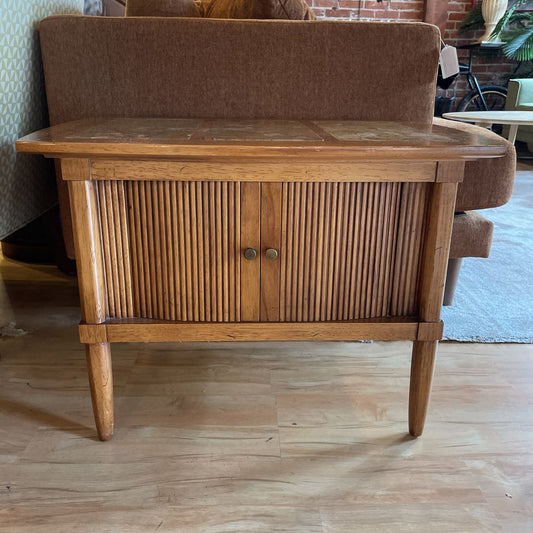 Tri Tile Oak Side Table w/ Sliding Doors